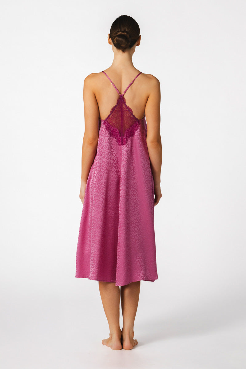 NK IMODE Sydney Seaside A-line long silk nightgown in freesia, flowing design with delicate fabric and elegant neckline.