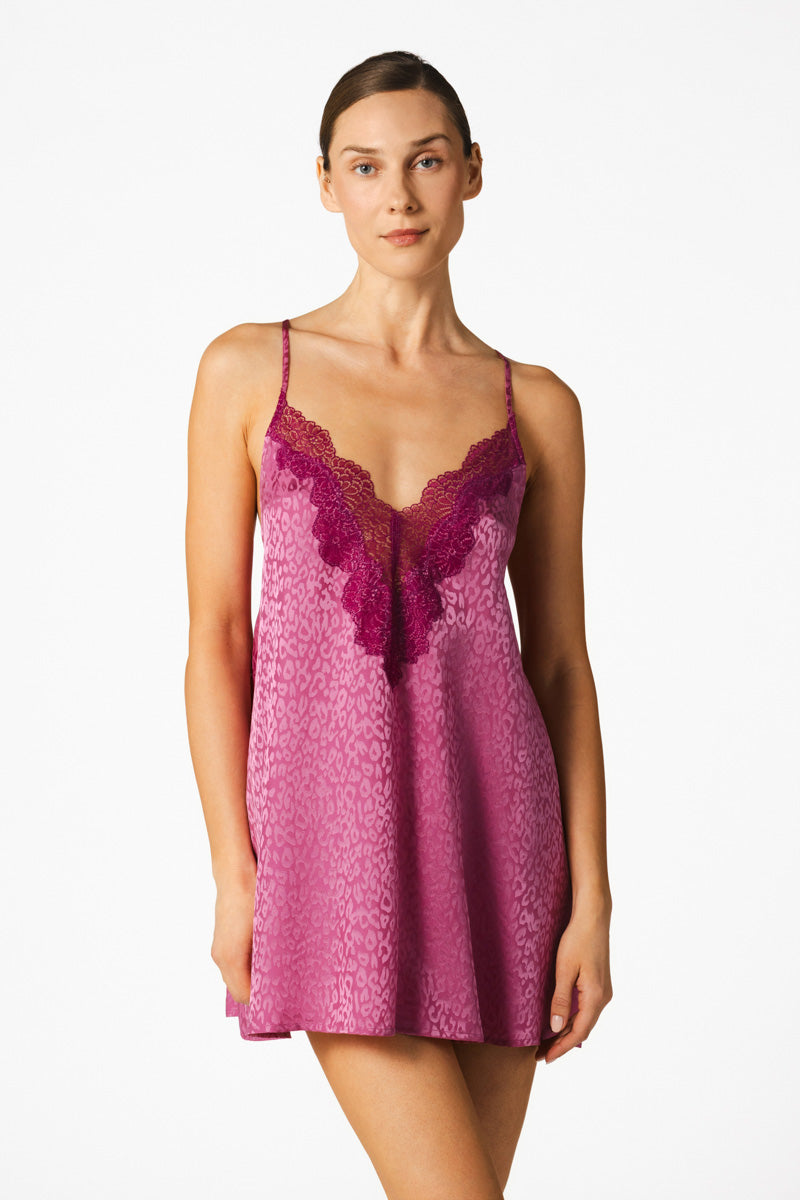 NK IMODE Sydney Seaside A-line silk chemise in freesia, a lightweight nightgown with a sleek A-line design and delicate silk fabric.