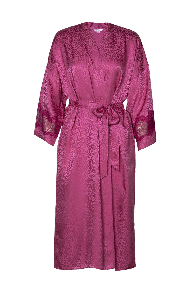 Long silk kimono robe in freesia color by NK IMODE, featuring elegant seaside-inspired design and flowing fabric.