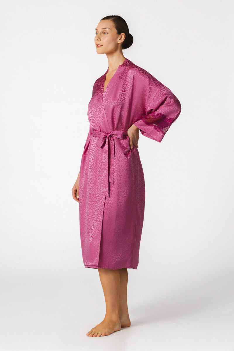 NK IMODE Sydney Seaside long silk kimono in freesia, featuring a flowing design and elegant floral pattern, perfect for luxurious loungewear.