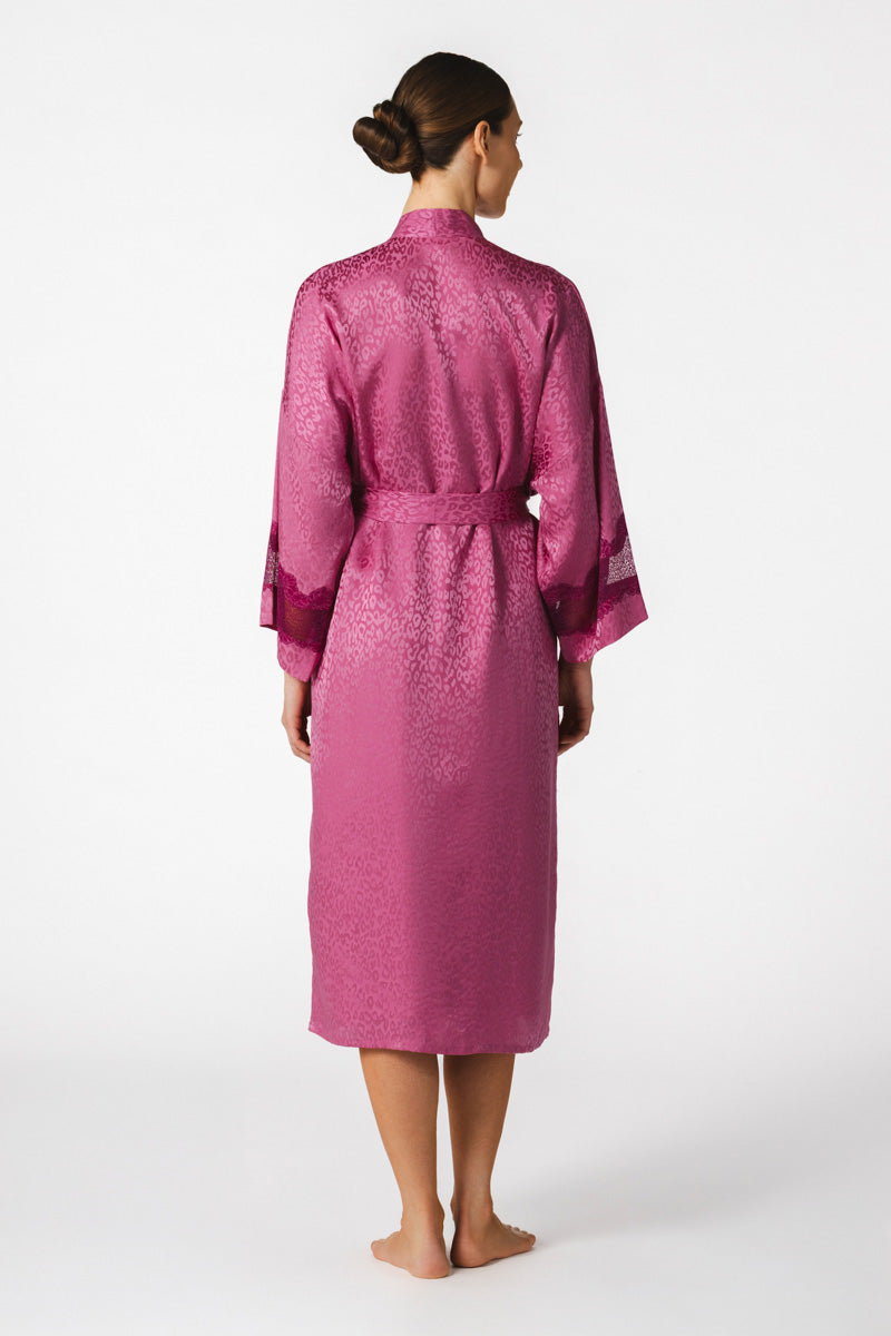 NK IMODE Sydney Seaside long silk kimono in freesia color, flowing robe with elegant design and smooth fabric details.