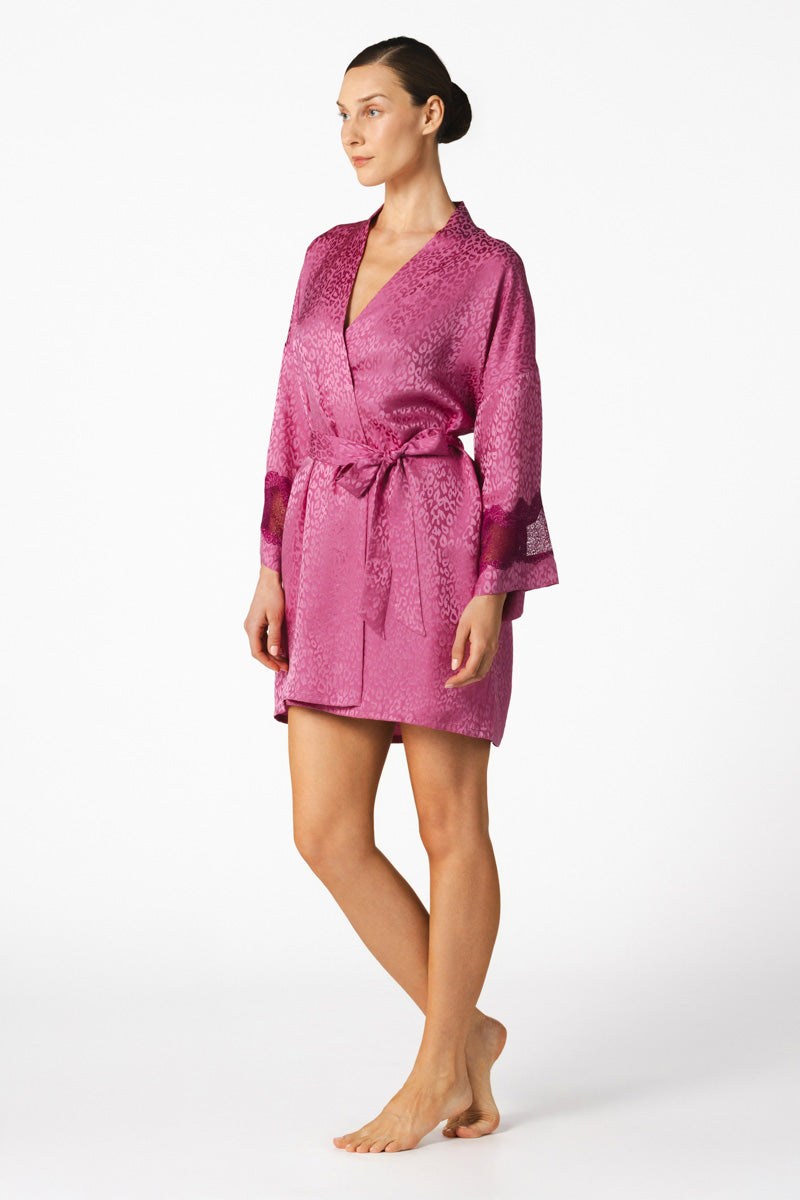 NK IMODE Sydney Seaside Short Silk Kimono in Freesia, lightweight robe with floral pattern and silky texture, displayed hanging.