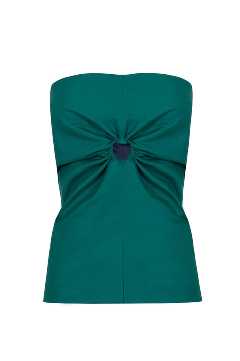 GREEN FAUX LEATHER GATHERED TOP - CULT MIA