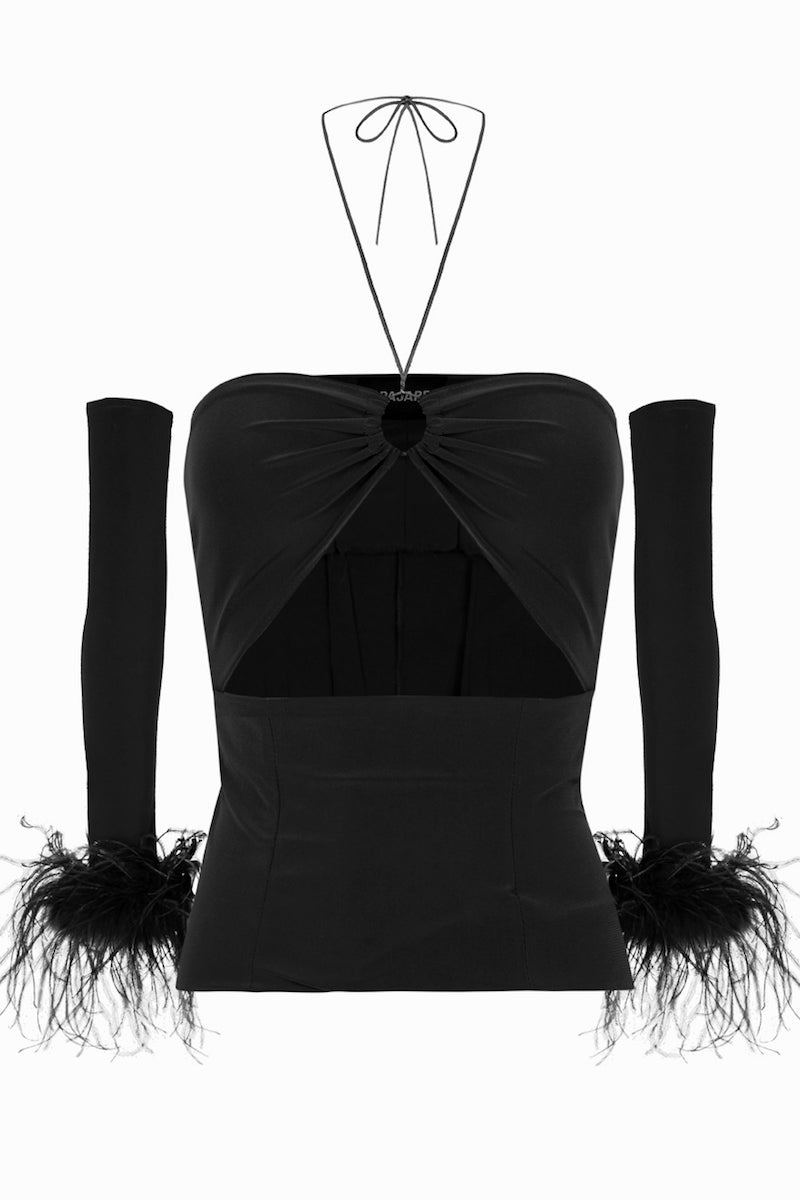 Black cut-out top with interchangeable sleeves from JC Pajares, featuring a stylish design and modern silhouette.