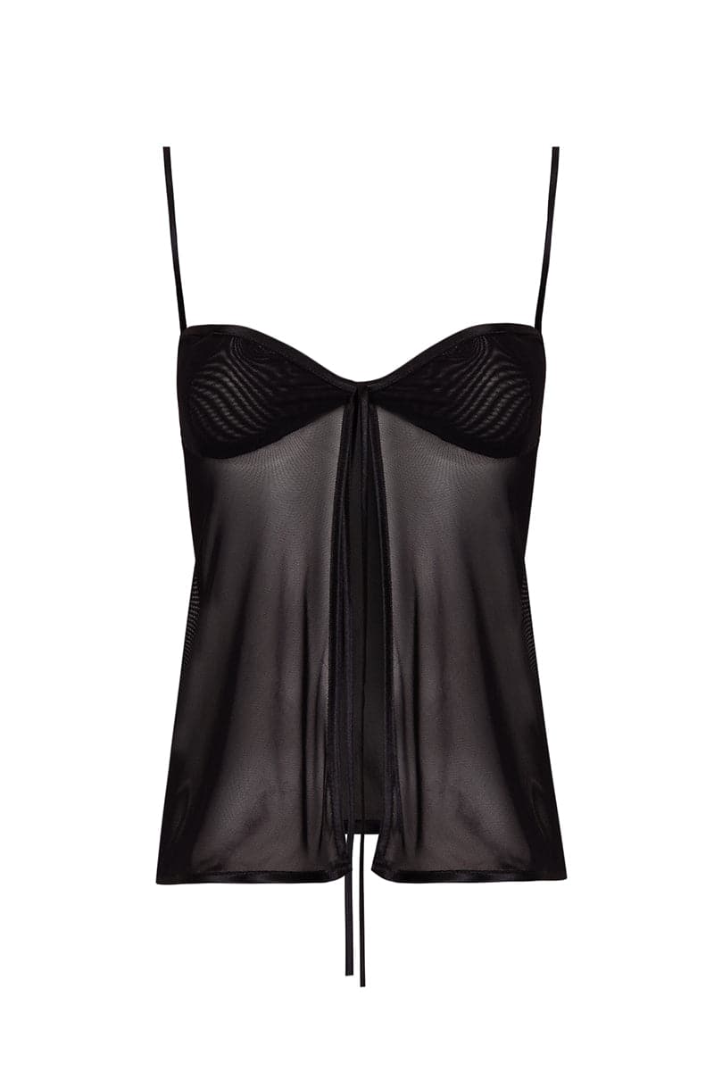 Black lingerie top by JC Pajares, stylish and fitted, shown on a model highlighting the delicate fabric and design details.
