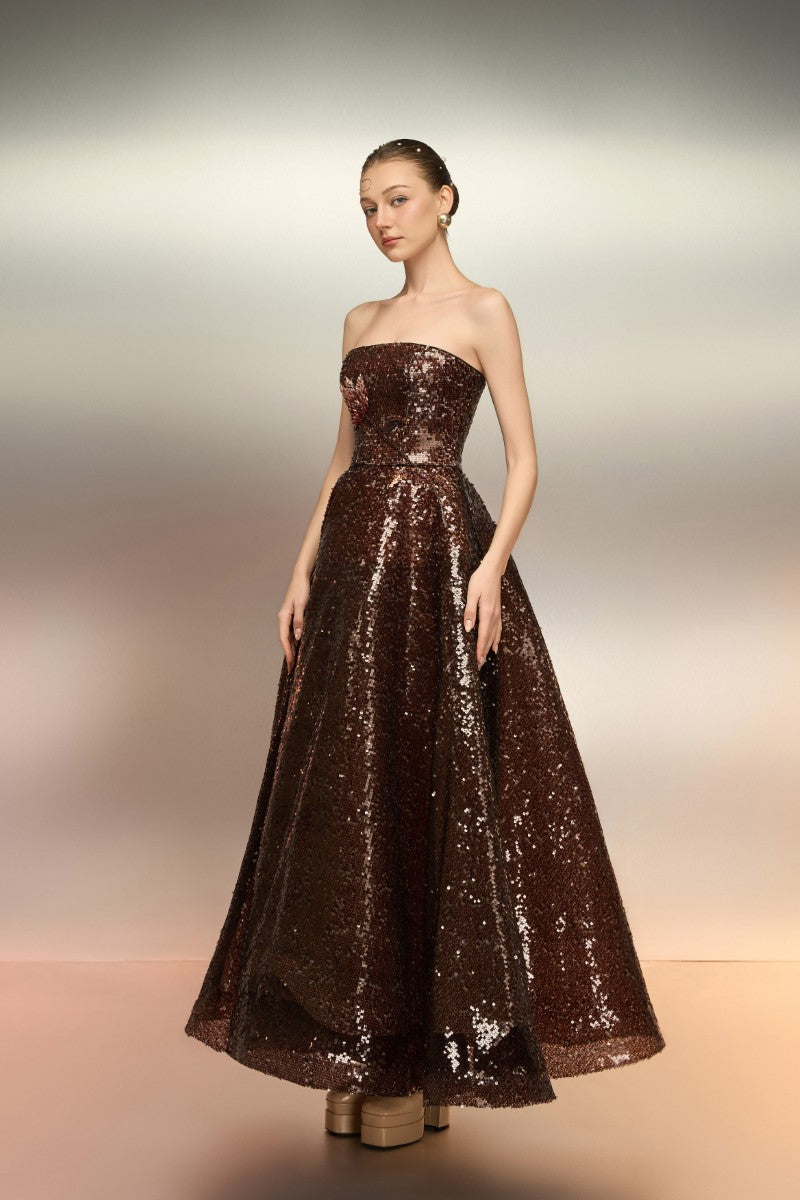 BUNAFSA SEQUIN DRESS IN BROWN - CULT MIA