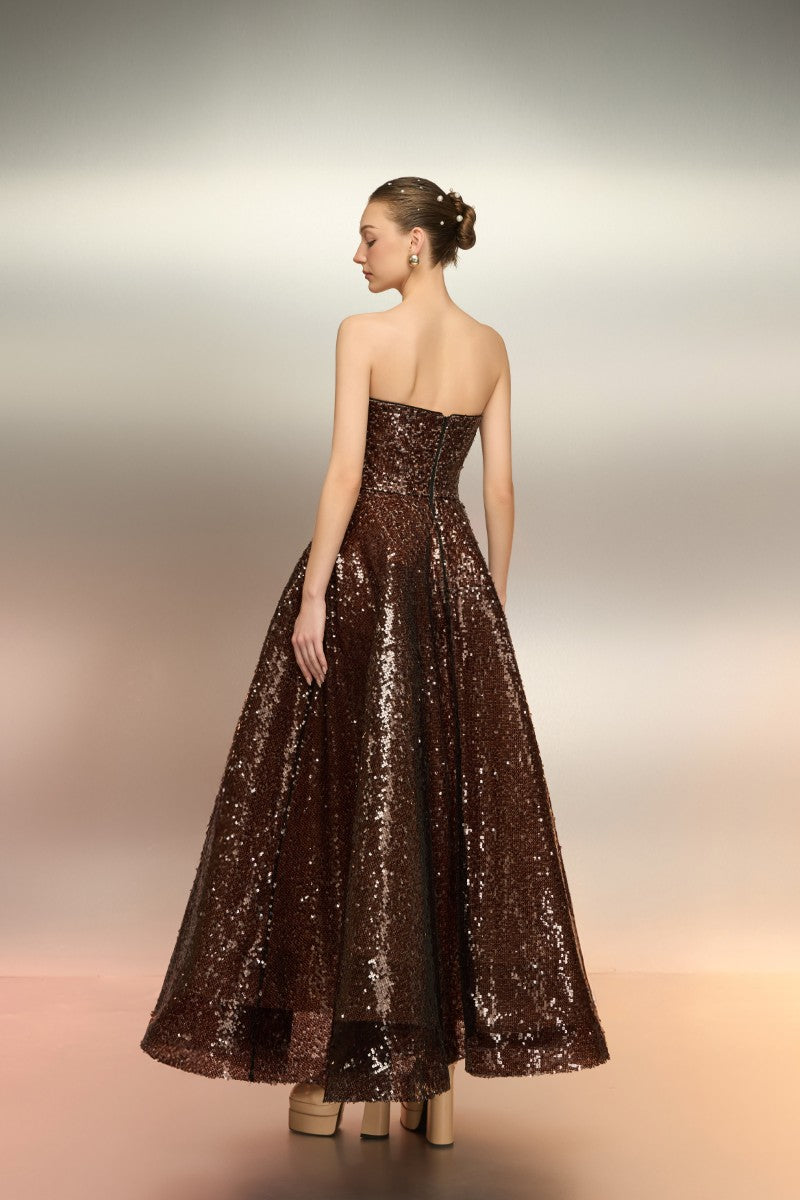 BUNAFSA SEQUIN DRESS IN BROWN - CULT MIA