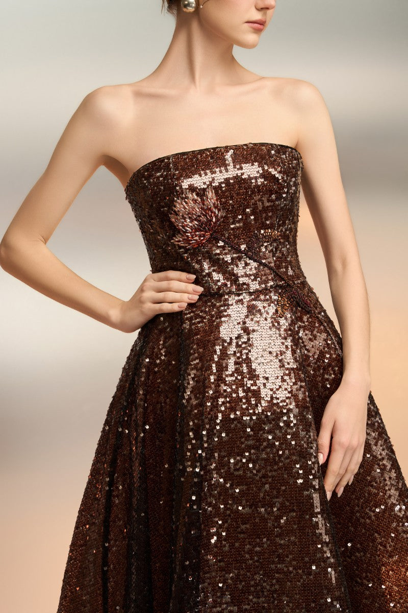 BUNAFSA SEQUIN DRESS IN BROWN - CULT MIA