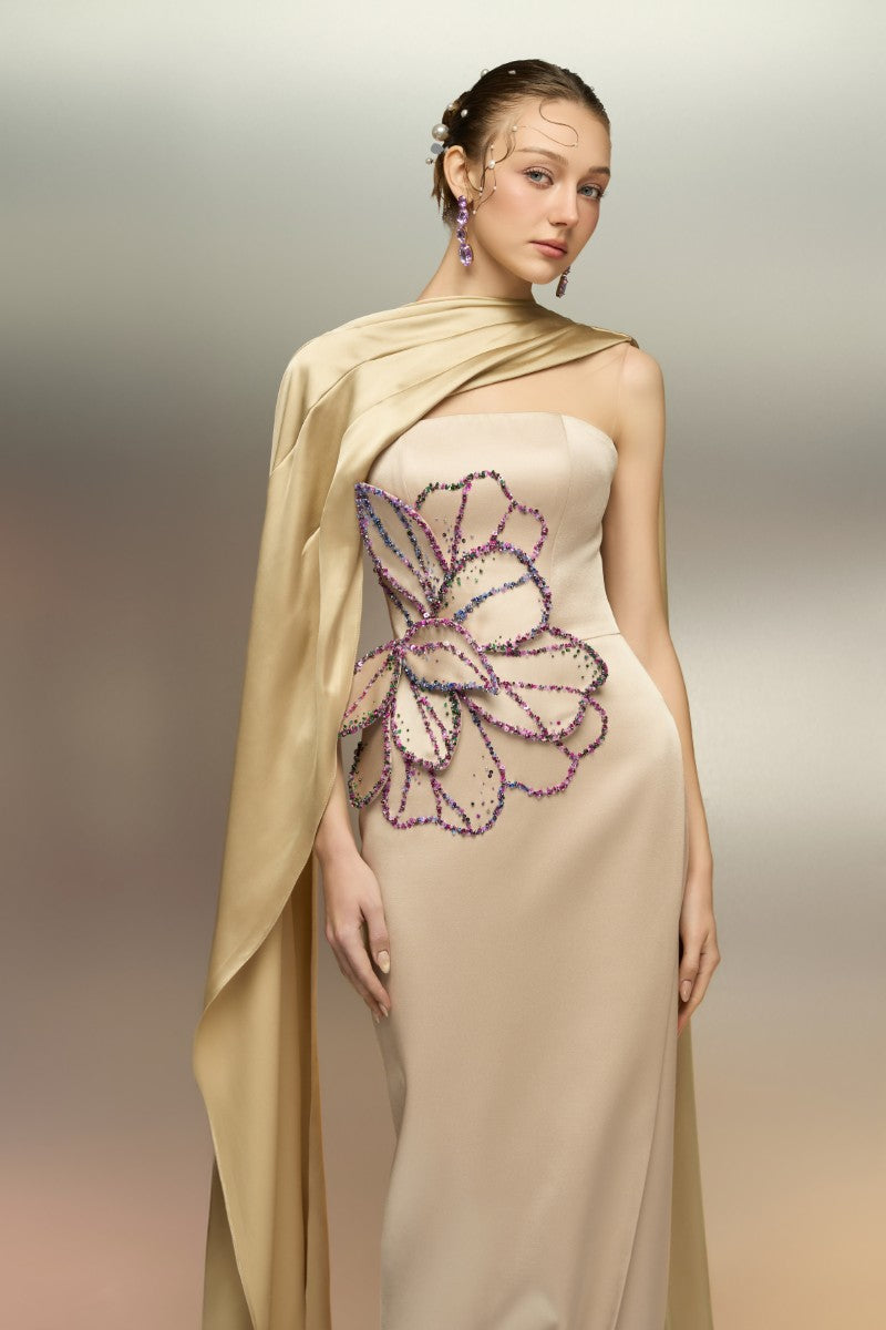 Beige SABBARA Silk Taffeta gown by 21Six, featuring elegant fabric and a flowing silhouette.
