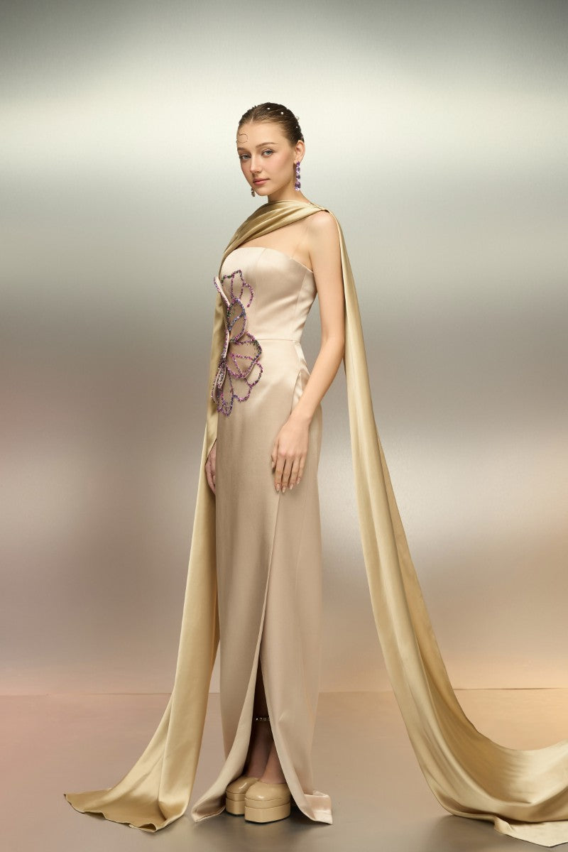 designer formal silk dress Draped White Asymmetrical Designer Evening Gown
