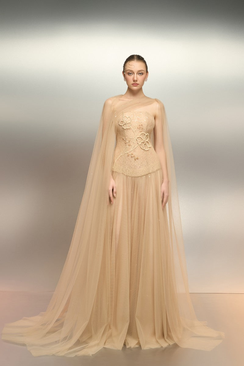 AQAHWAN TULLE AND LACE DRESS IN BEIGE - CULT MIA