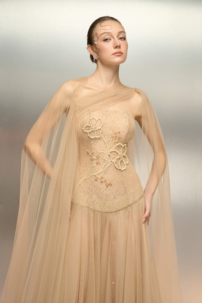 Beige AQAHWAN tulle and lace gown by 21Six, featuring intricate lace details and a flowing elegant design.