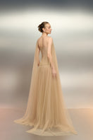 Beige tulle and lace gown by 21Six featuring intricate detailing and a flowing silhouette, perfect for elegant occasions.