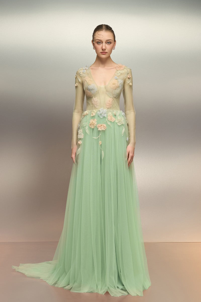 QABAR TULLE FLOWER DRESS IN MINT - CULT MIA