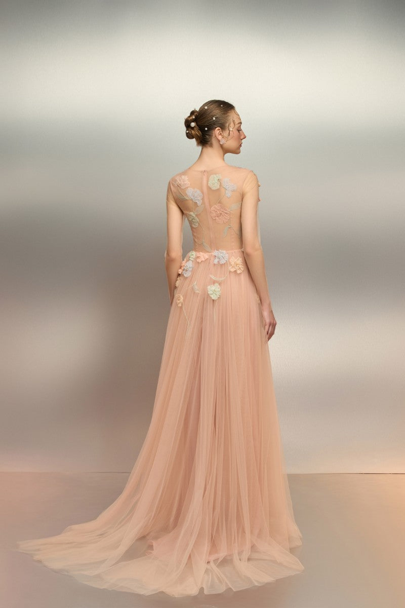 QABAR TULLE FLOWER DRESS IN PEACH - CULT MIA