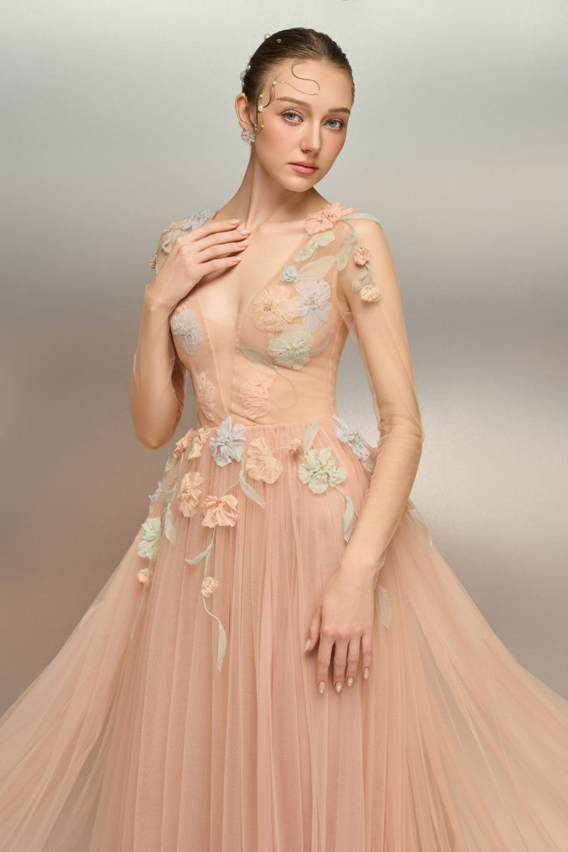QABAR TULLE FLOWER DRESS IN PEACH - CULT MIA