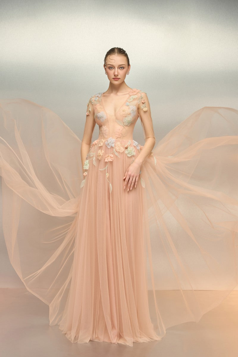 QABAR TULLE FLOWER DRESS IN PEACH - CULT MIA