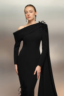 Black Ward Crepe Dress by 21Six, a sleek gown with a fitted silhouette and elegant design, shown on a model.