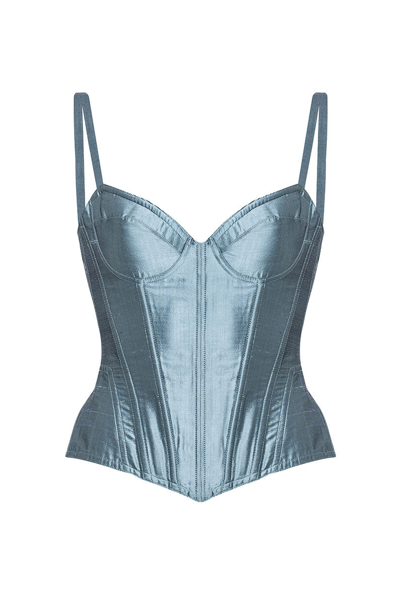 TAFFETA MARION CORSET IN BLUE GRAY - CULT MIA
