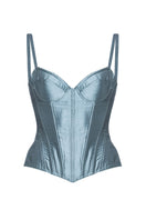 Blue gray Taffeta Marion corset top by IKINITA, front view showing structured design and smooth fabric.