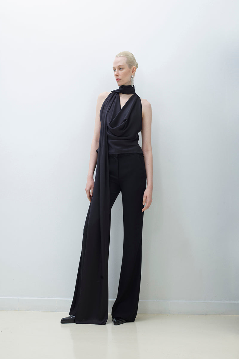 LONG SCARF DETAIL COWL NECK BLOUSE