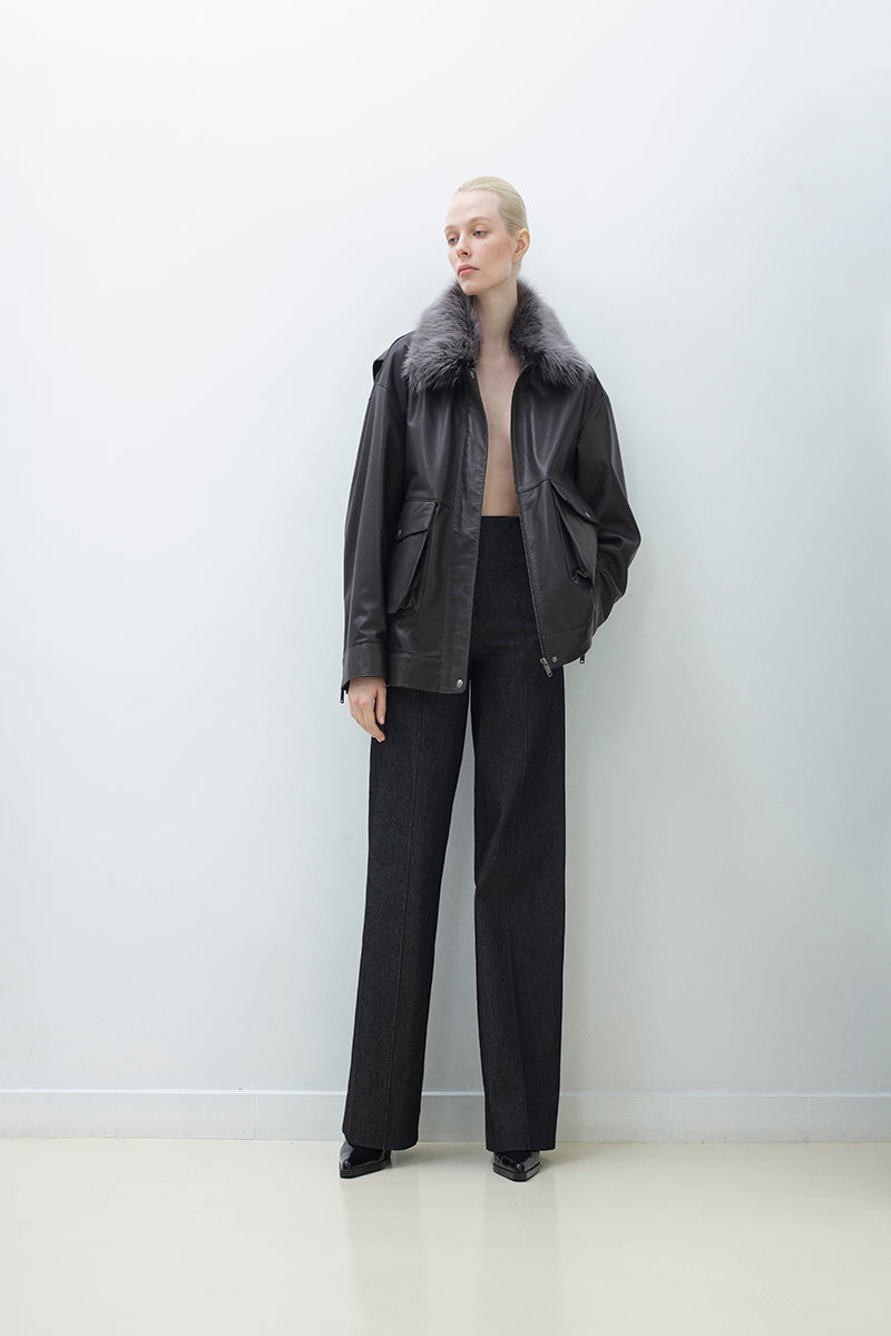 LEATHER BARN JACKET WITH DETACHABLE FUR COLLAR