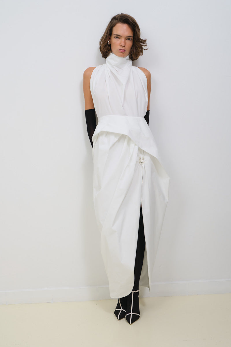 DRAPED MAXI DRESS WITH PEARL BUTTONS - CULT MIA
