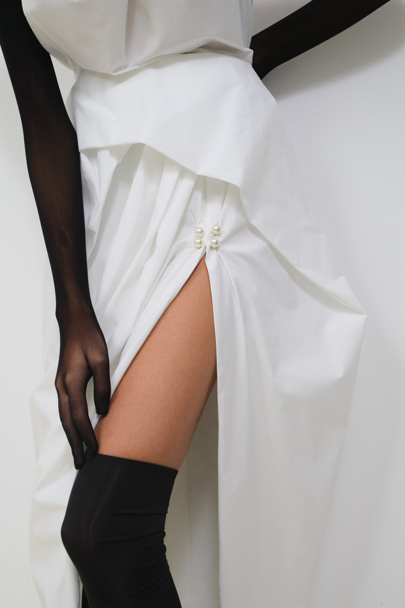 DRAPED MAXI DRESS WITH PEARL BUTTONS - CULT MIA