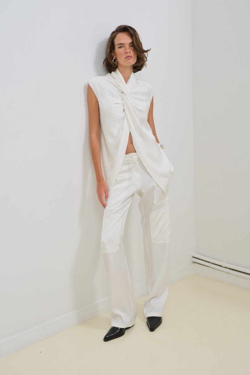 SATIN CARGO PANTS WITH EMBROIDERY - CULT MIA