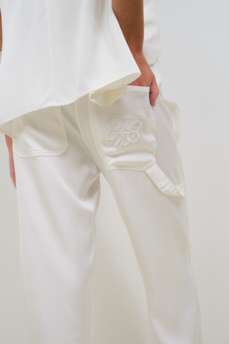 SATIN CARGO PANTS WITH EMBROIDERY | CULT MIA | TAGG
