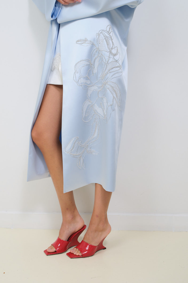 EMBROIDERED BABYBLUE SATIN COAT - CULT MIA
