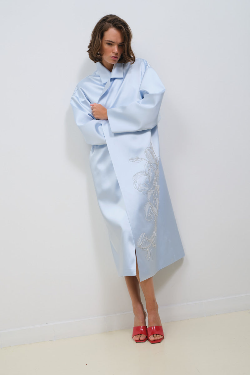 EMBROIDERED BABYBLUE SATIN COAT - CULT MIA