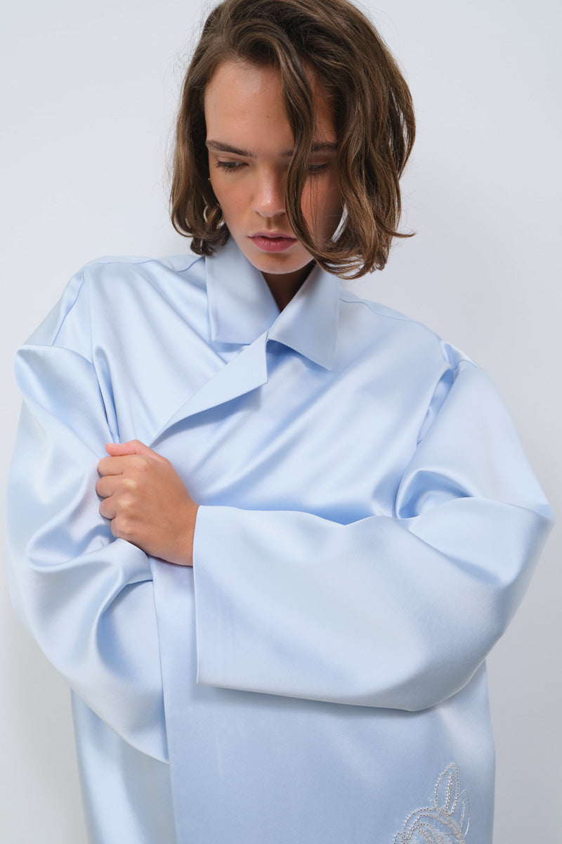 EMBROIDERED BABYBLUE SATIN COAT - CULT MIA