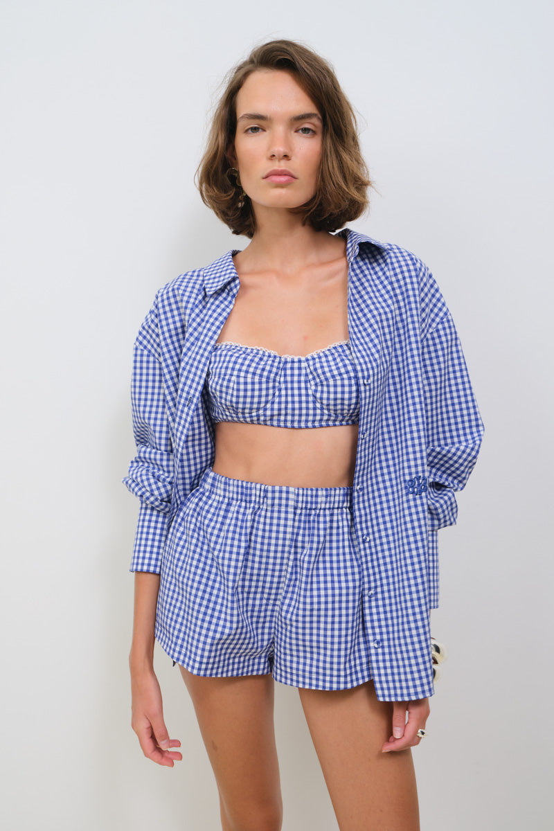 Tagg poplin gingham boxer shorts with lace trim, featuring a classic checkered pattern and feminine lace accents.