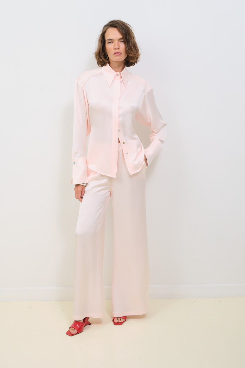SATIN SHIRT WITH SHOULDER PADS AND BELT WITH BUCKLE - CULT MIA