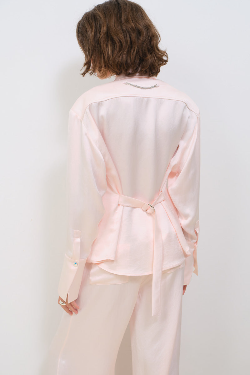 SATIN SHIRT WITH SHOULDER PADS AND BELT WITH BUCKLE - CULT MIA