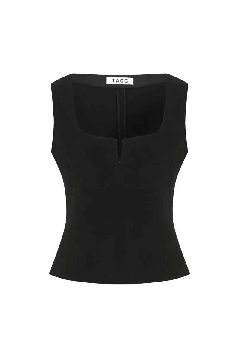 Black TAGG tank top, sleeveless tops with a fitted design, displayed on a hanger against a neutral background.