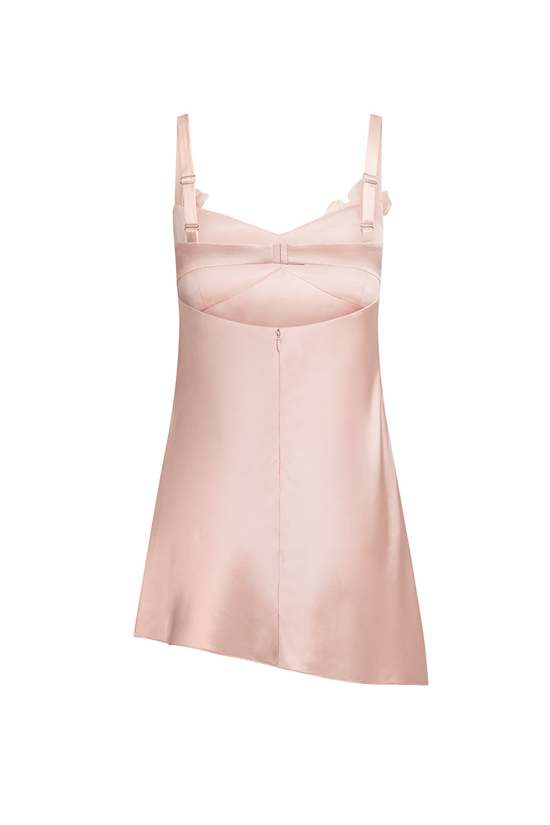 Scarlett Gasque Temptation mini slip dress in Peach Bloom with ghost back design, sleeveless and fitted for a stylish look.