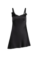 Scarlett Gasque black mini slip dress named Temptation Mini Slip Dress, front view showing sleek fabric and stylish design.