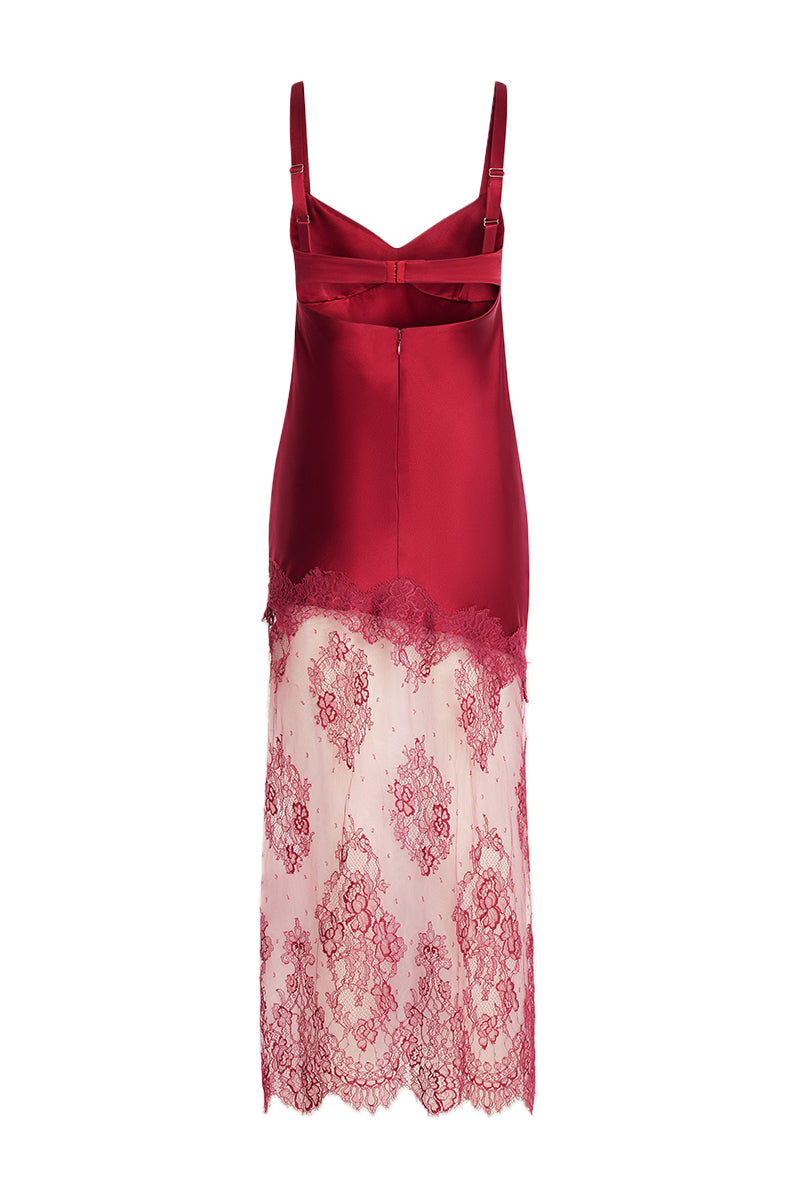 Scarlett Gasque Temptation Slip Maxi Dress in Windsor Wine with ghost back design, flowing fabric for elegant evening wear.