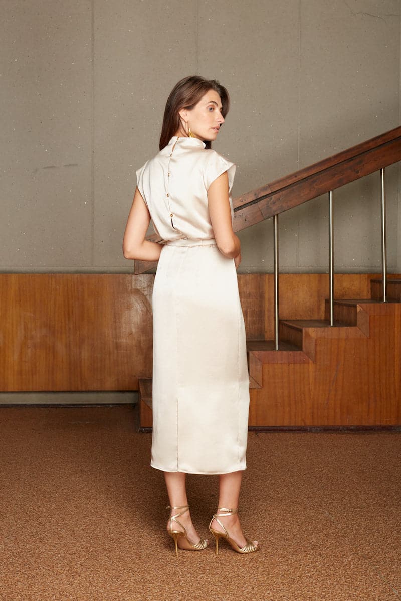 beige satin midi dress Women Satin Midi Dress V Neck Ruched Waist Short Sleeve Asymmetrical Hem Dress, Beige, S