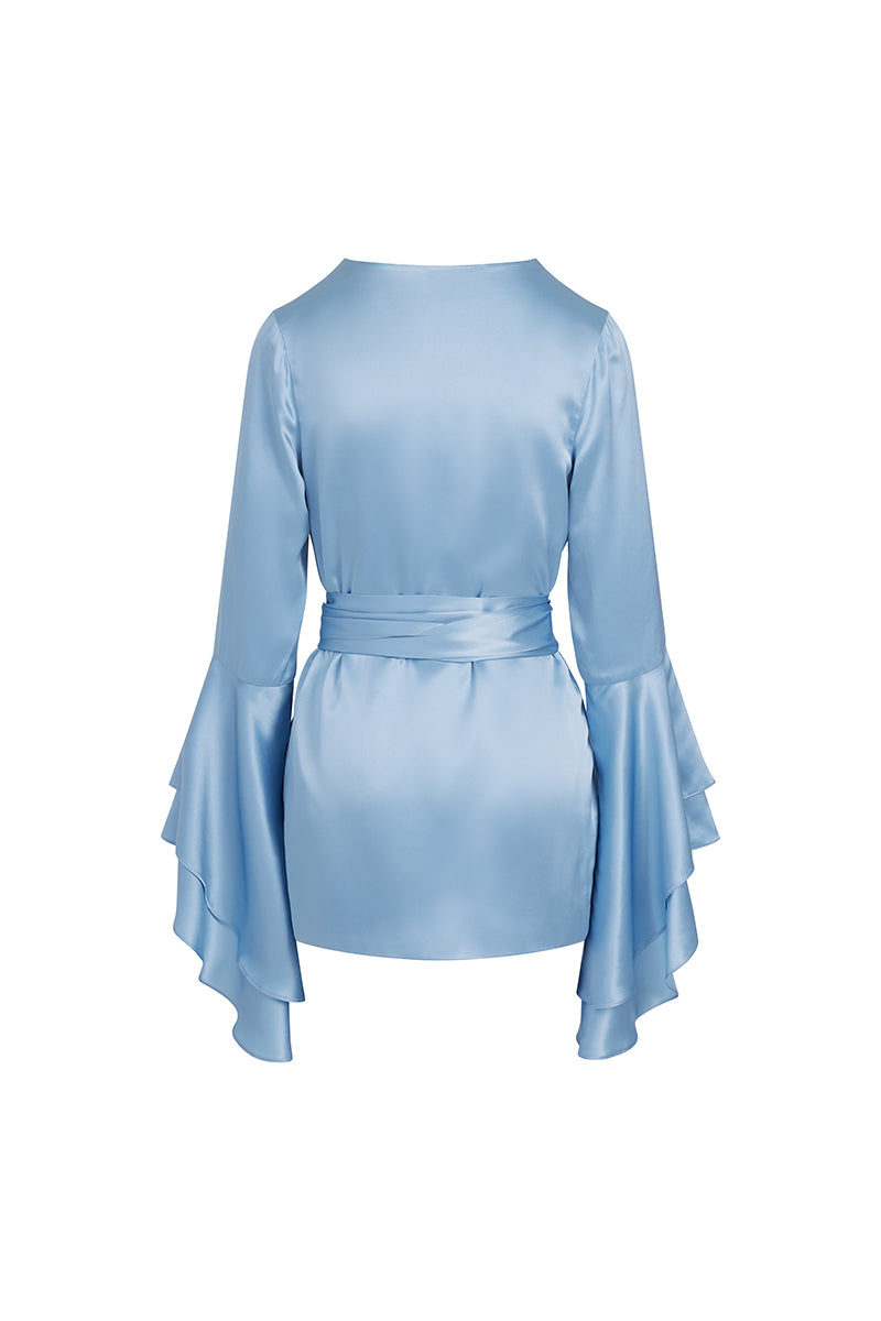Scarlett Gasque The Darling Robe in blue with ghost back design, soft fabric, and elegant fit, perfect for cozy loungewear.
