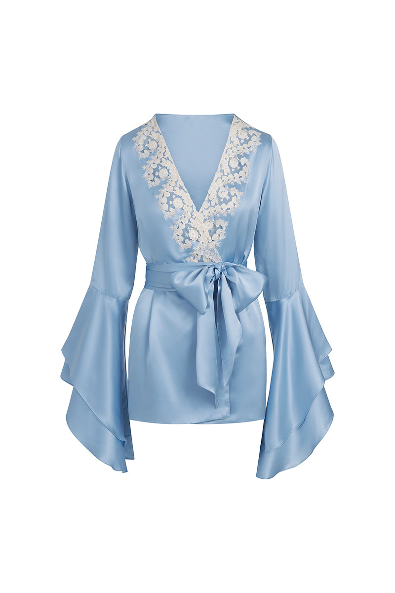 Scarlett Gasque The Darling Robe in soft blue fabric with a front ghost design, comfortable and stylish for lounging.