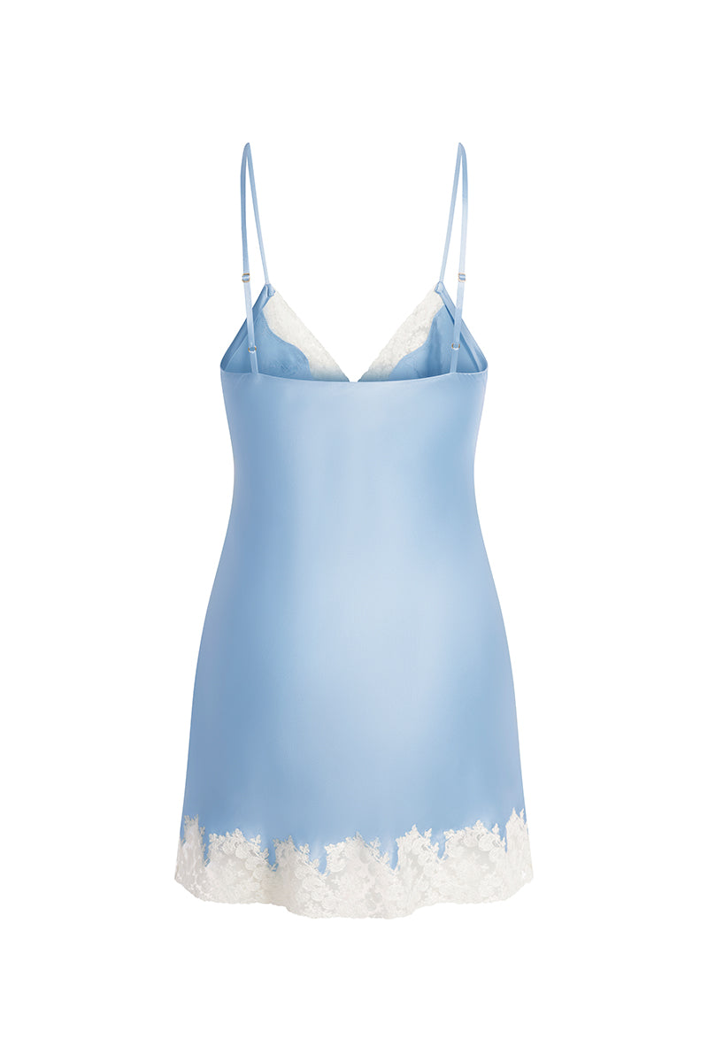 Blue Scarlett Gasque The Jayne Slip mini dress with ghost back design, featuring a sleek, stylish silhouette and delicate fabric.