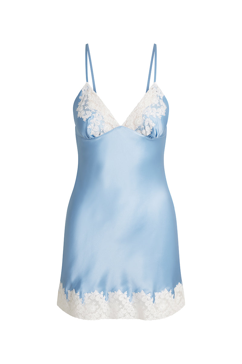 Blue Scarlett Gasque Jayne Slip mini dress with ghostly front design, featuring a sleek, stylish look perfect for various occasions.