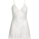 Scarlett Gasque The Jayne Slip Mini Dress in ivory with delicate shoulder straps and a sleek, fitted silhouette.