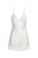 Scarlett Gasque The Jayne Slip Mini Dress in ivory with delicate shoulder straps and a sleek, fitted silhouette.