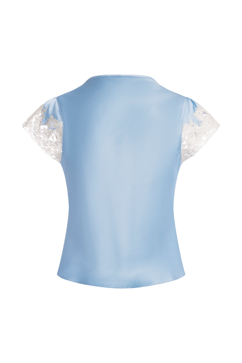 Blue Scarlett Gasque The Jayne Top shirt with ghost back design, featuring a stylish and casual fit.