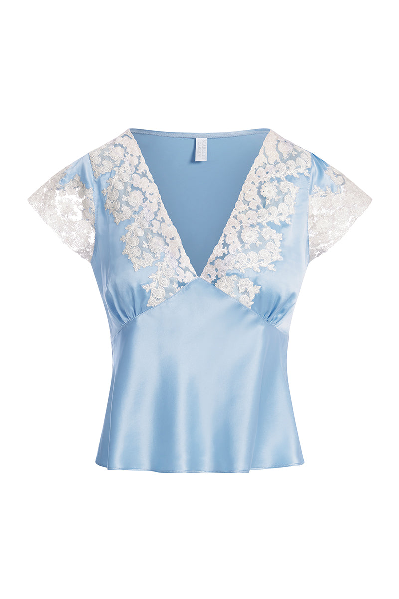 Scarlett Gasque THE JAYNE TOP shirt in blue with ghost front design, casual stylish women's top, front view