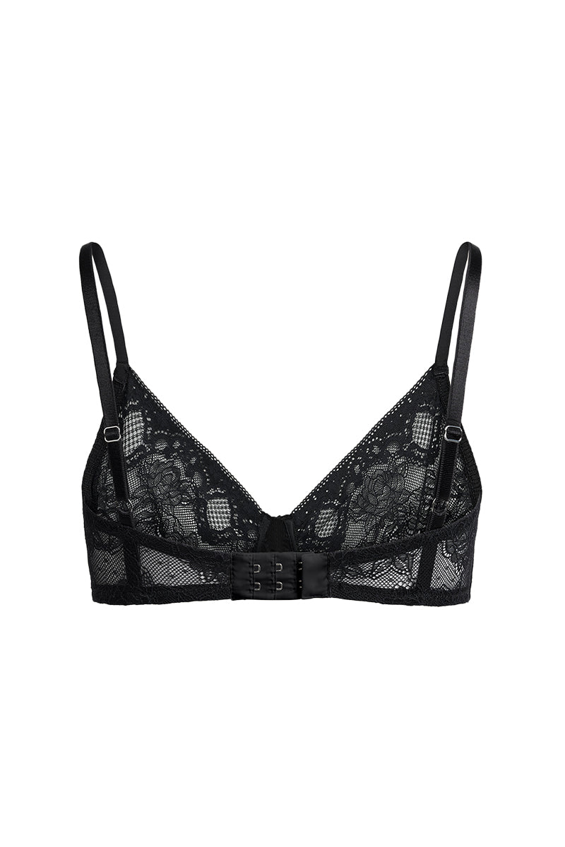 Black Scarlett Gasque Lorelei bra with ghost back design, featuring smooth cups and adjustable straps.